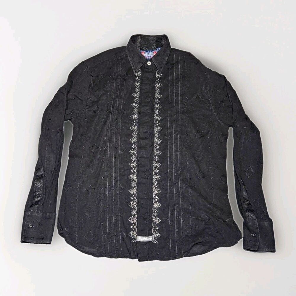 English Laundry Christopher Wicks Mens M Black Embroidered Shirt Y2K Hand Sewn